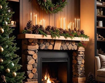 May include: A stone fireplace with a wood-burning insert, topped by a wooden mantel decorated with pine needles, pinecones, and tall white candles. A large evergreen wreath hangs above the mantel, and a decorated Christmas tree stands nearby.