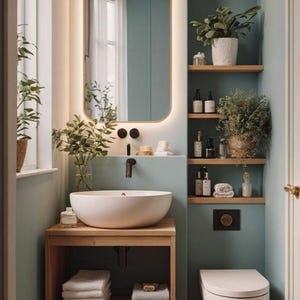 May include: A contemporary bathroom design with a light teal wall. It features a wooden vanity unit with a white basin, a backlit mirror, and wooden shelves displaying plants and toiletries. The room also includes a toilet and neatly stacked towels.
