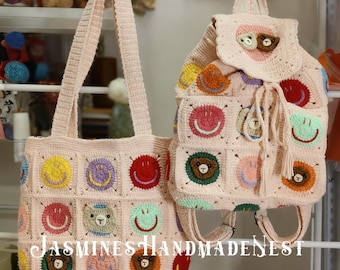 Handmade Crochet Smiley Tote – Granny Square Shoulder or Crossbody Bag, Fun Casual Bag for Back to School, Halloween, Everyday Use