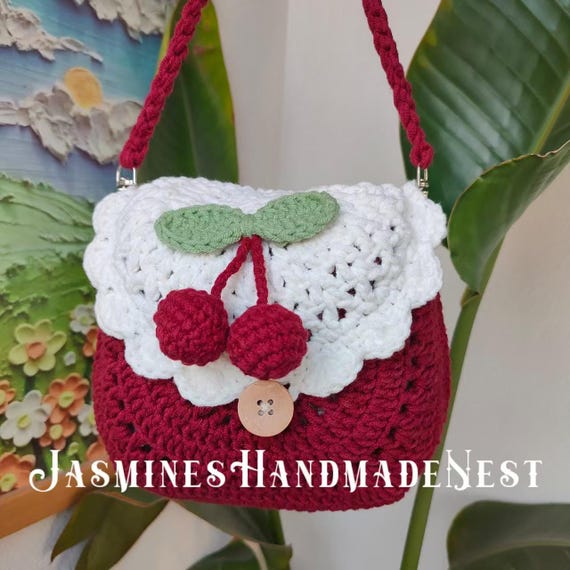 Ready2go:Colorful Crochet Bag Handmade Tote Granny Square Shoulder Rainbow Crochet Handbag Cherry Strawberry Bag, Cute Geometry Crochet
