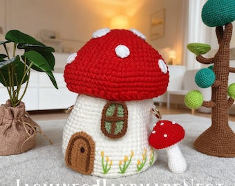Hand-Crocheted Mushroom Bag – Whimsical Crossbody Purse, Novelty Bucket Bag – Cotton Yarn Pouch