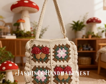 Handmade Crochet Mushroom Tote Bag – Boho Granny Square Crossbody or Shoulder Bag, Soft Handcrafted Gift for Women or Teens