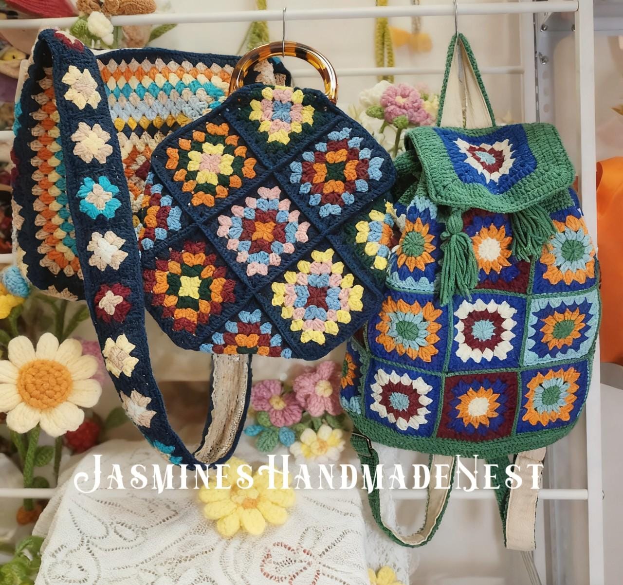 Handmade Crochet Knit Mini Backpack Bag Colorful Floral Bohemian Hippie 70s Knit Hippie Backpack - Etsy main image 4