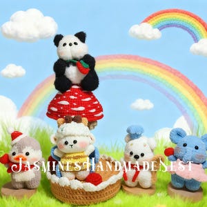 May include: A collection of handmade crochet animal figures, including a panda on a mushroom, a penguin, a sheep in a basket, a bear, and an elephant. The scene is set against a blue sky with a rainbow and clouds. The text "JASMINE'S HANDMADE NEST" is visible.