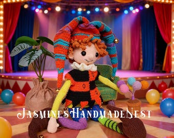 Hand-Crocheted Clown Doll – Whimsical Amigurumi Plush Toy,  Cotton Yarn, Nursery Decor