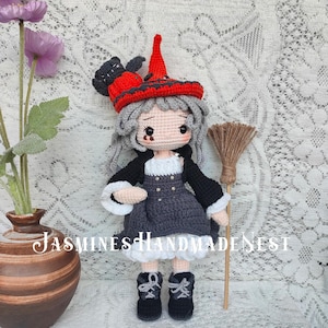 Handmade Crochet Witch Doll – Halloween Crochet Witch Girl, Cute Witch Plushie, Halloween Decoration, Witch Gift, Finished Crochet Doll