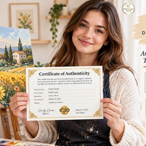 Może przedstawiać: Certyfikat autentyczności dzieła sztuki zatytułowanego Golden Fields autorstwa Emily Carter, datowany na 15 marca 2025 r. Dokument określa wymiary 40,64 cm na 50,8 cm oraz technikę wykonania jako akryl na płótnie.