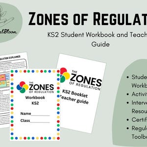 May include: A colourful workbook and teacher guide for KS2 students on the Zones of Regulation. The cover features a colourful logo with the text "The Zones of Regulation" and a student workbook cover with the text "The Zones of Regulation Workbook KS2".