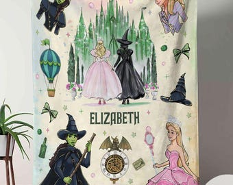Manta personalizada de la película Wicked, manta de Disney con nombre personalizado de Glinda y Elphaba, manta de regalo de cumpleaños para niña y niño