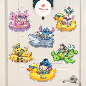 May include: A collection of colorful cartoon character decals, each depicted relaxing on inflatable pool floats. Characters include a unicorn, Stitch, Winnie the Pooh, Buzz Lightyear, Eeyore, and a pig, all wearing sunglasses and holding drinks. The decals are designed for door decoration.