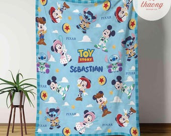 Personalized Toy Story Disney character blanket, Mickey Minnie Stitch Woody Buzz Lightyear Jessie Blanket, Birthday Boy Girl gift blanket