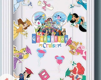 May include: A collection of Disney-themed graduation decorations. The design includes images of Disney princesses wearing graduation caps, along with balloons, a book, and an apple. The text "Graduation Cruise" is prominently displayed.