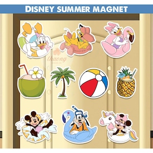 May include: A collection of Disney Summer Magnets featuring various characters like Donald Duck, Pluto, and Daisy Duck. The magnets showcase summer-themed designs, including a beach ball, coconut drink, and pineapple drink. The text "DISNEY SUMMER MAGNET" is at the top.