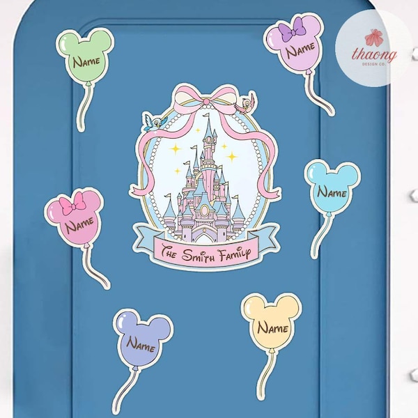 Personalized Coquette Disney castle balloon magnet, Mickey & friends Family Cruise vacation magnet, Cruise magnet door decoration