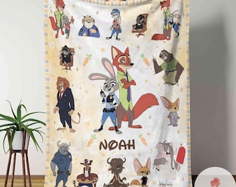 Personalized Zootopia Judy Hopps Nick Wilde blanket, Custom Name Zootropolis Disney Blanket, Birthday Girl Boy gift blanket