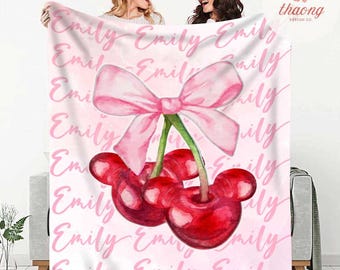 Personalized Mickey Cherry Pink bow blanket, Coquette bow Mickey Cherry Blanket, Disney Aesthetic Girly blanket, Birthday Girl gift