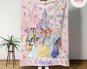Personalized Disney Princess blanket, Watercolor Castle Coquette bows Blanket, Belle Rapunzel Tiana Ariel Elsa blanket, Birthday Girl gift