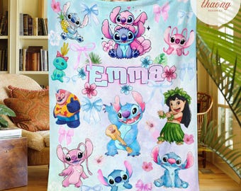 Coquette bows Lilo & Stitch blanket, Custom Name Cute Stitch Disney Blanket, Ohana Means Family Stitch blanket, Birthday Girl gift blanket