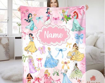 Personalized Disney Princess blanket, Watercolor Coquette bows Princess Blanket, Belle Rapunzel Tiana Ariel Elsa blanket, Birthday Girl gift