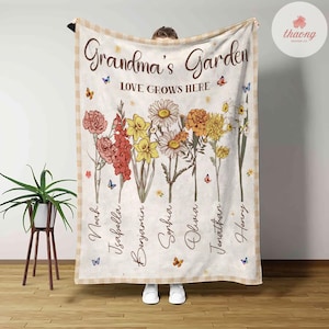 Personalized Grandmas Garden Flower Blanket, Grandma Love Grows Here Blanket, Birth Month Flowers With Family Names Gift, Mother&#39;s Day Gift