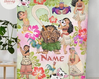 Personalized Disney Moana Princess blanket, Moana Maui Hei Hei Pua Blanket, Birthday Girl gift blanket, Disney Princess blanket