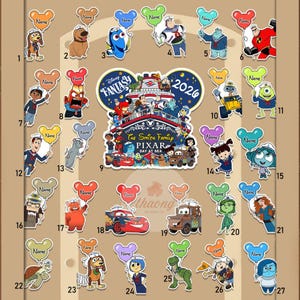 May include: A collection of Disney Pixar character stickers, each holding a Mickey Mouse-shaped balloon with the word "Name" on it. The stickers feature characters from various Pixar movies, including "Cars" and "Finding Nemo."