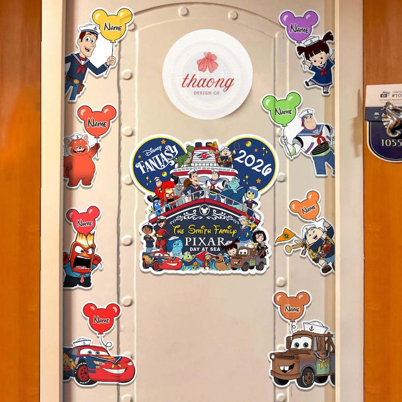 May include: A door decorated with Disney Pixar themed magnets. The magnets feature characters from various Pixar movies, including Lightning McQueen and Mater from Cars, and characters from Inside Out. The door also has a sign that says "Disney Fantasy Pixar Day at Sea 2026."