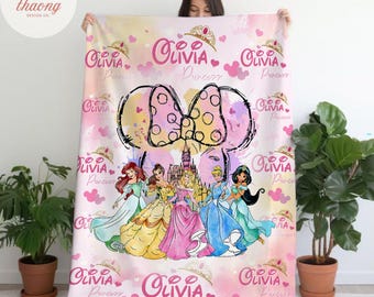 Personalized Disney Princess blanket, Watercolor Castle Coquette bows Blanket, Belle Rapunzel Tiana Ariel Elsa blanket, Birthday Girl gift