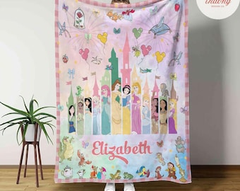 Personalized Disney Princess blanket, Watercolor Castle Coquette bows Blanket, Belle Rapunzel Tiana Ariel Elsa blanket, Birthday Girl gift