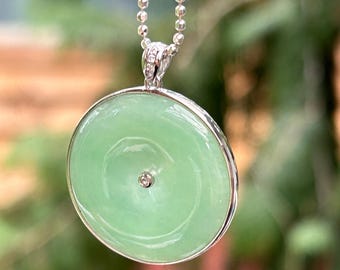 Green Burmese Jadeite Ping An Kou Pendant with Sparkling Center