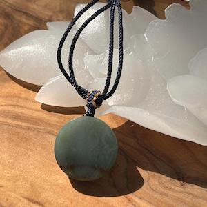 Grade A Certified Green Burmese Jadeite Disc Pendant – Earth-Toned Ping An Amulet on Braided Cord