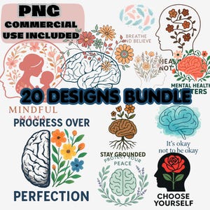 Paquete de imágenes PNG sobre salud mental, gráficos florales de autocuidado con forma de cerebro, descarga digital de vibraciones sanadoras, paz interior, mamá consciente, crece a tu propio ritmo.