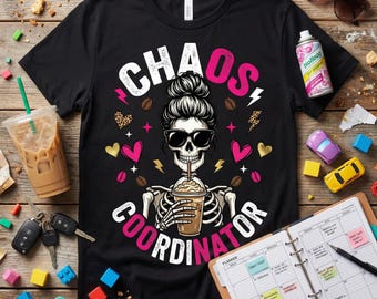 Funny Mom Life PNG, Chaos Coordinator SVG, Sarcastic Mom Shirt, Tired Mom Club, Skeleton Messy Bun, Cricut File, Sublimation Download Coffee
