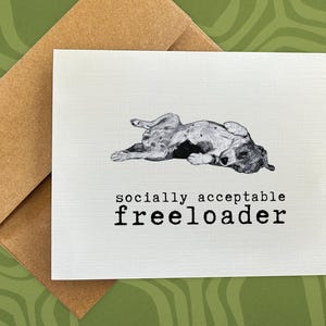 May include: Greeting card with a black and white illustration of a dog lying on its back. The text "socially acceptable freeloader" is printed below the image. The card is paired with a brown envelope.