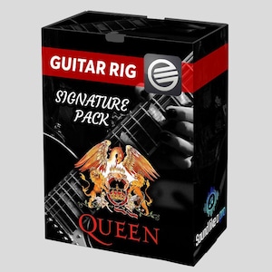 May include: Black box featuring the text "GUITAR RIG SIGNATURE PACK" in white and red. The box has a Queen crest and a photo of a person playing a guitar. The box also has the text "Sound like a pro".