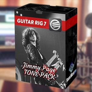 May include: A black box featuring a black and white image of a guitarist playing a double-neck guitar. The box has the text "GUITAR RIG 7" and "Jimmy Page TONE PACK" in red and white. A logo is visible on the box.