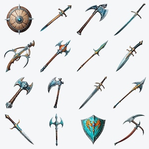May include: A collection of sixteen fantasy-style weapons and shields, including various swords, axes, spears, a crossbow, and shields featuring blue, gold, and brown metallic details, intricate engravings, and glowing gemstone accents.