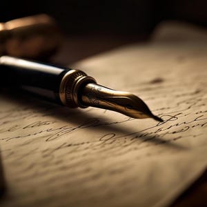 May include: A black fountain pen with gold accents rests on a piece of aged paper with handwritten script. The nib is gold, and the pen is positioned near a blurred, gold-colored object. A ribbon is in the foreground.