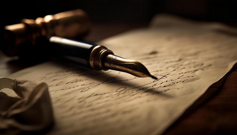 May include: A black fountain pen with gold accents rests on a piece of aged paper with handwritten script. The nib is gold, and the pen is positioned near a blurred, gold-colored object. A ribbon is in the foreground.