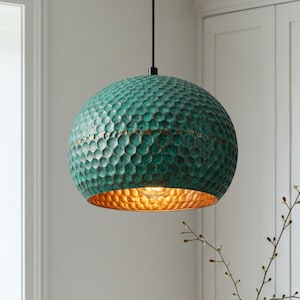 Handmade Moroccan copper pendant light – Patina swirl design – Perforated ceiling lamp with ambient shadow effect