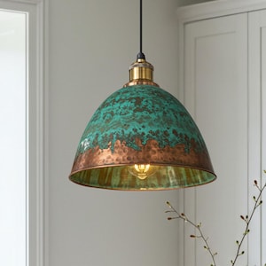 Modern Copper Dome Pendant Lamp Green Patina, Hammerd Dome Lamp, Ceiling Dome Lamp, Copper Dome Light fixture, Rustic Chandelier