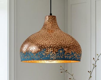 Handcrafted Copper Pendant Light: Blue Patina Rustic Farmhouse Dome