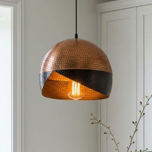 Hammered Solid Copper Dome Pendant Light,Handmade black patina dome pendant light - pure copper hanging lamp for modern and vintage