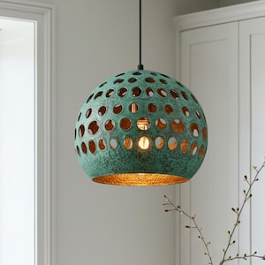 Oxidized Dome Ceiling Light, Brass dome Copper Pendant Light, Green Light Fixture, Copper Dome Ceiling Lamp for Kitchen Island