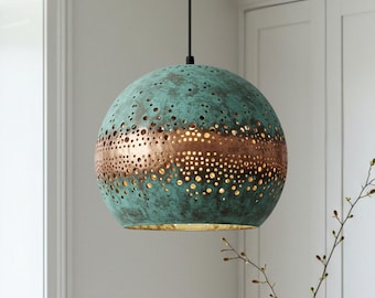 Handmade Hammered Copper Pendant Light - Moroccan Patina Swirl Design