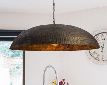 Hammered Antique Brass Dome Pendant Light: Handmade Moroccan Ceiling Lamp