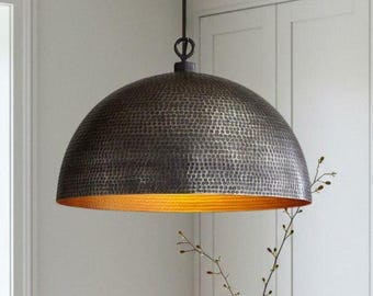 Handmade Copper Dome Pendant Light: Black Patina Brass, Moroccan Style