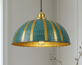 Handmade Copper Dome Pendant Lamp: Green Patina Kitchen Island Light
