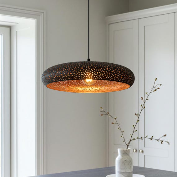 Handmade Hammered Copper Dome Lamp: Moroccan Farmhouse Pendant Light
