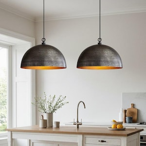 Set of 2 Hammered Antique Brass Dome Light Fixture, Handmade Pendant Light, Brass Oxide Ceiling Lamp, Solid Brass Dome, Moroccan Oxide Light